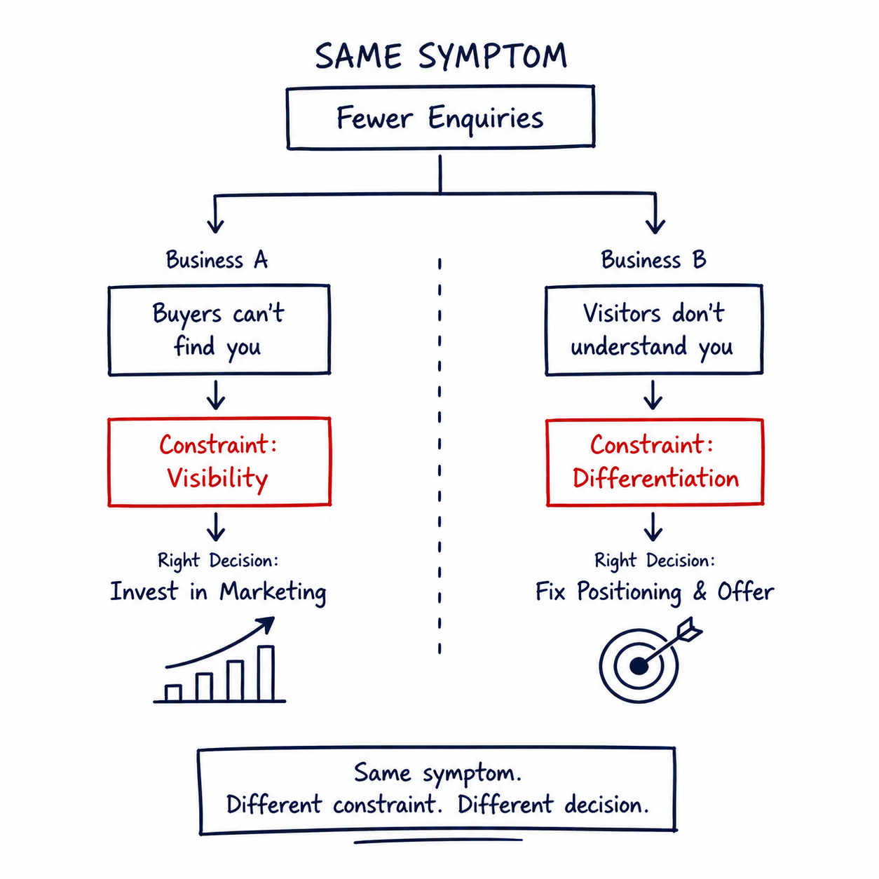 Different businesses with the same marketing symptom requiring different business decisions