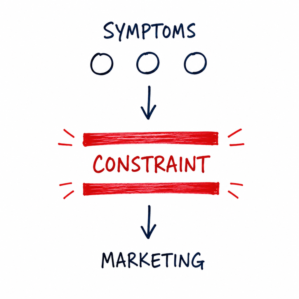 Online marketing services diagram showing why identifying the business constraint should come before marketing investment.