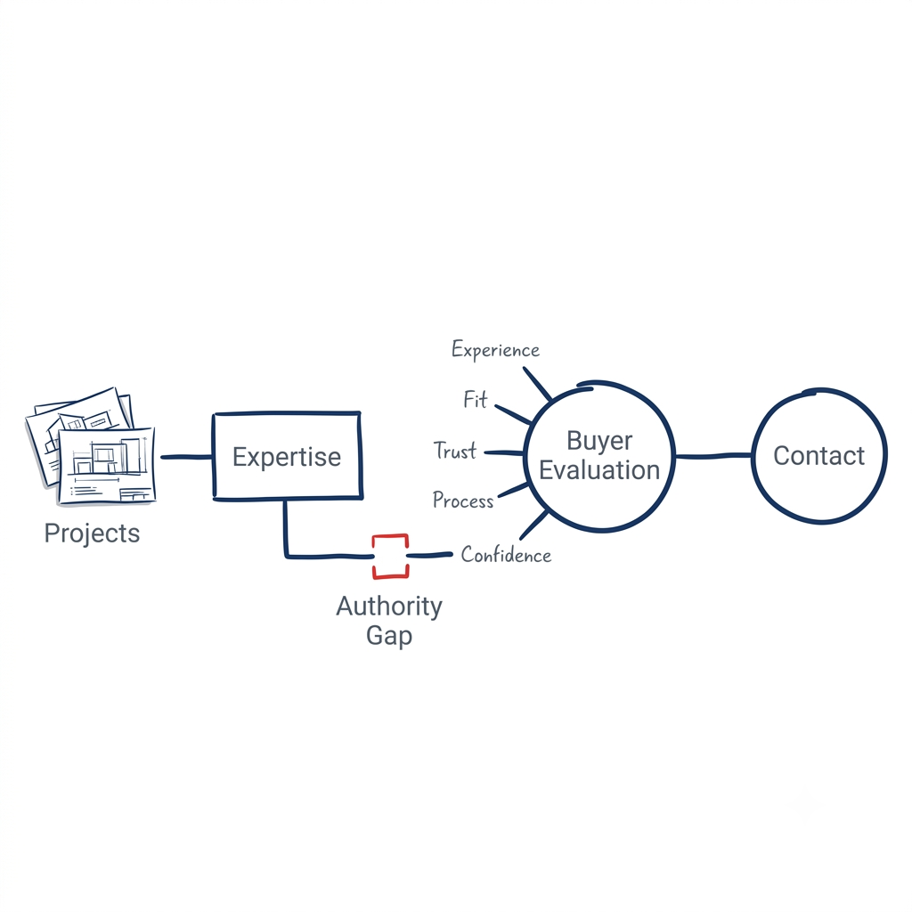 Business system diagram showing how architecture projects and expertise lead to buyer evaluation before contact, with an authority gap interrupting buyer confidence during the decision-making process.