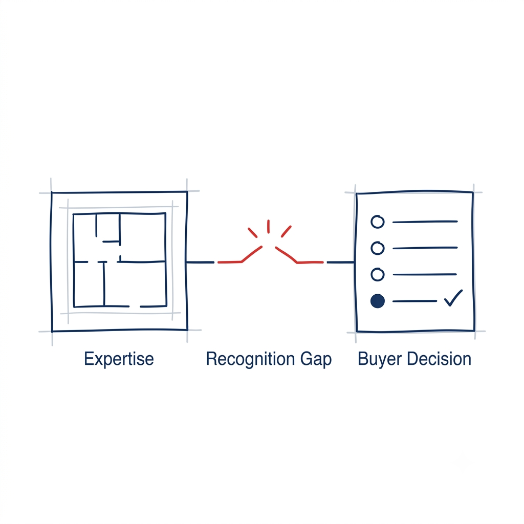 Digital Authority Architecture diagram showing architectural expertise connected to buyer decision through a recognition gap, illustrating how prospective clients evaluate an architecture firm's expertise before making contact.