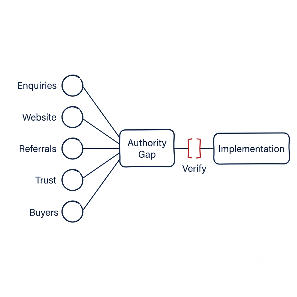 Hand-drawn business system diagram showing multiple business observations converging into a single authority gap, followed by a verification point before implementation begins.