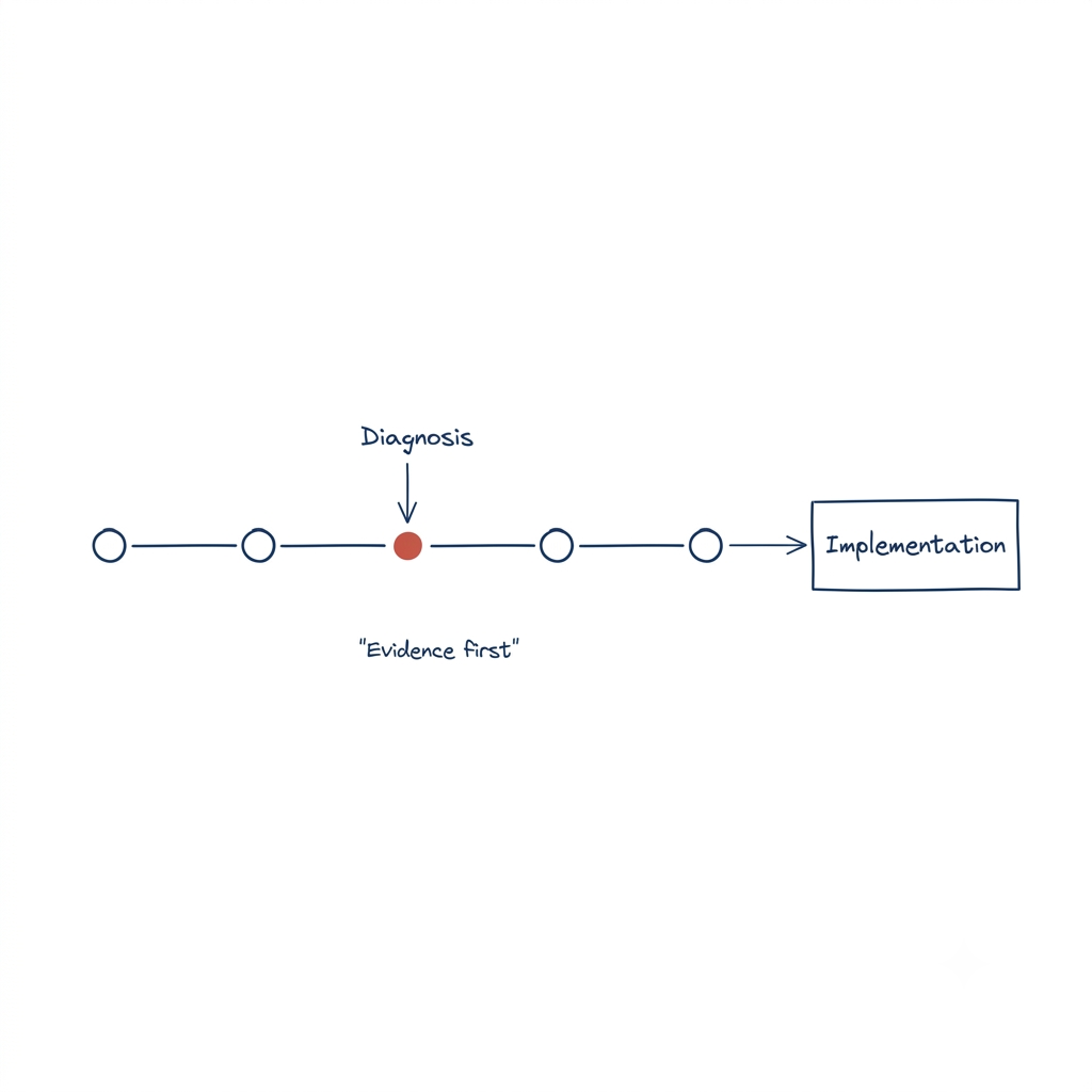 Minimal consultant-style diagram showing a buyer progression system where strategic diagnosis identifies the authority gap through evidence before implementation decisions are made for manufacturing businesses.
