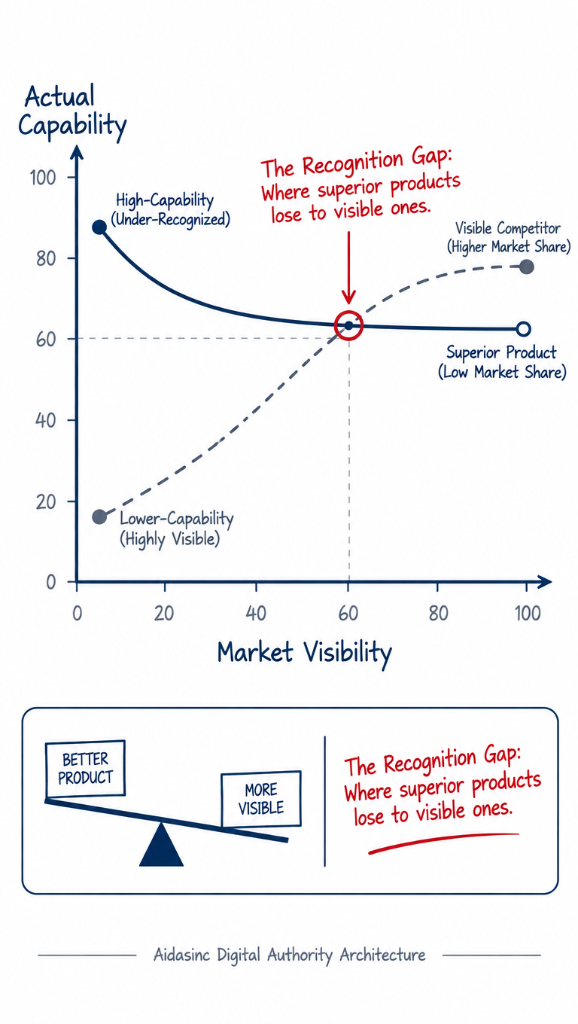 Minimalist 9:16 whiteboard diagnostic chart mapping real capability against market visibility to reveal the hidden recognition gap.