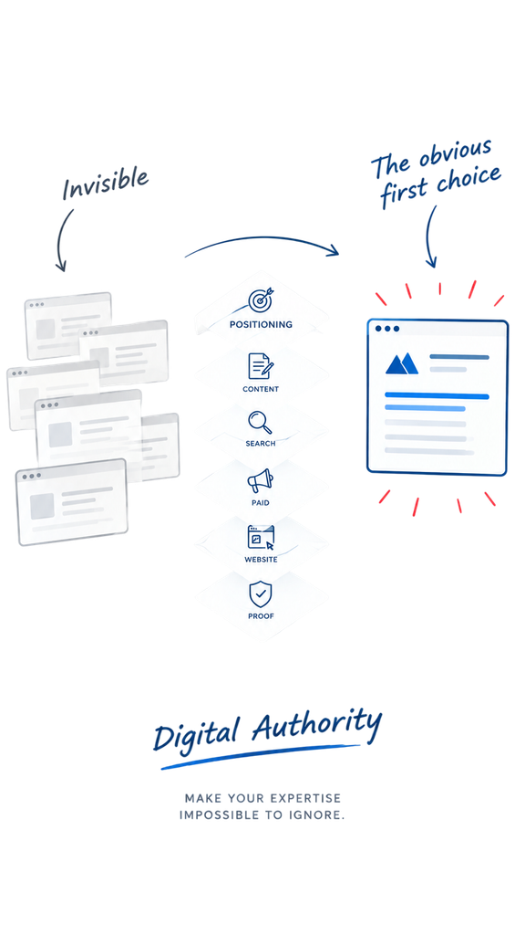 Digital Authority system showing how positioning, authority content, search visibility, paid discovery, website conversion, and proof assets turn an overlooked business into the obvious first choice