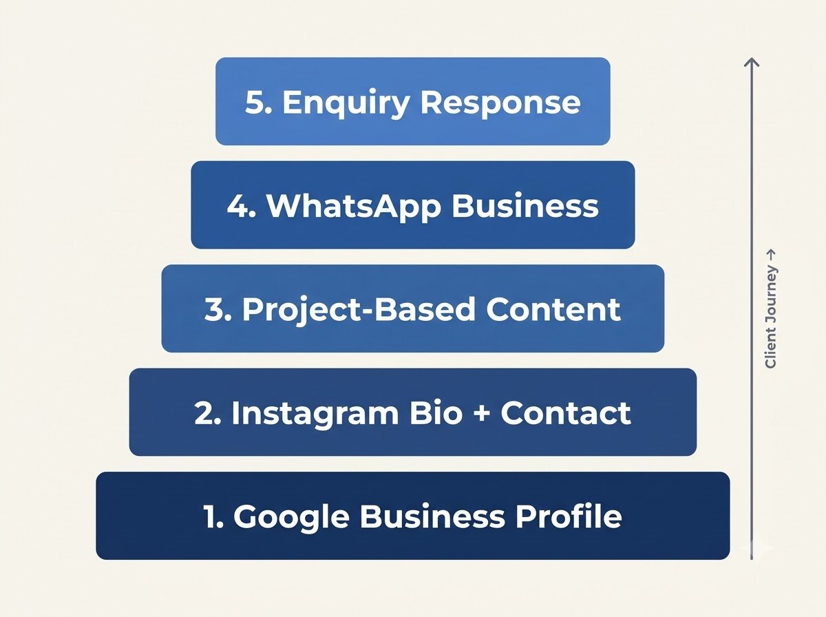 Five layers of digital visibility for architecture firms: Google Business Profile, Instagram contact pathway, project content, WhatsApp Business, and enquiry follow-up.